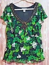 Nine West Floral Blouse Women's Size 16W Beaded Neck 100% Silk Layered Green