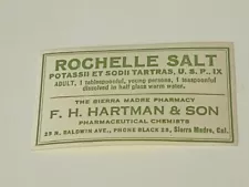 Pharmacy Label vtg WW1 Apothecary drugstore Rochelle Salt Hartman Sierra Madre