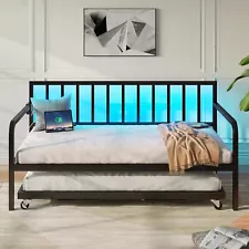 Twin Size Daybed with Trundle, Metal Slat Support For Living Room Bedroom,Black