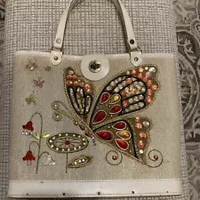 VTG 1960s Handbag Jeweled Butterfly Canvas Wood Bottom Enid Collins Style