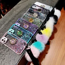 For iPhone Huawei Hot Glitter Foil Case +Ring Holder Hairball Flash Phone Cover