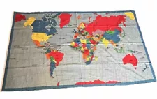 Vintage 1999 Fabric Traditions World Map w/ State Capitols Home School Wall Art