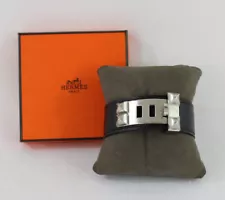 Hermes Black Leather Palladium Plated Collier De Chien Bracelet Size T3