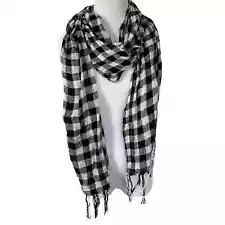 Black & White Plaid Check Tassel Lightweight Scarf