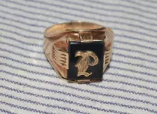 Solid 10K Yellow Gold Black Onyx Old English "P" Initial Signet Mens Ring Sz.10