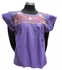 Mexican Peasant Blouse Hand Embroidered Top Colors Vintage Style Tunic DrkPurple