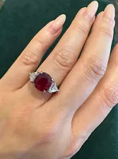 GRS Unheated 4.04 ct Cushion Cut Ruby Ring in Platinum with Diamonds - HM2518SV