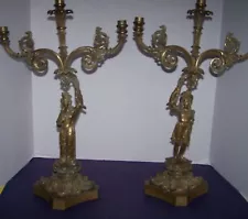 Pr Antique Brass Candelabra Bases with Figures