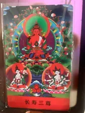 Exquisite Tibetan Buddhist Thangka Painting, Three Talisman Cards for Longevity