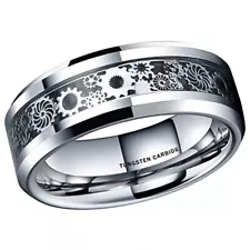 Ebay Wedding Rings for Men or Women. 8mm Silver Tungsten Band Silver Gears Inlay