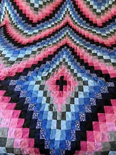 Amish Made Bargello Quilt TOP ONLY Gray Black Red Blue 102x112 King Size