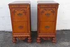 Early 1900s Carved Tall Nightstands End Side Bedside Tables a Pair 5576