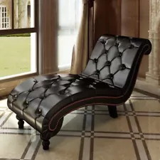 Chaise Lounge w/ Buttons Artificial Leather Brown Living Room Furniture