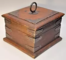 New ListingAntique 1800's Wood Treasure Chest - 12 Metal Reinforced Hinges - 4 3/4 X 4 3/4"