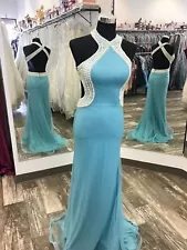 NWT BLUSH 9922 Prom Pageant Gala Trumpet Glitter Jersey Turquoise Size 2