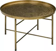 24" Round Coffee Table with Hammered Tray Top, Vintage Metal Center Table for Li