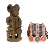 African Igbo Carved Figure with Curled Horns & a Beaded Necklace with Medallions