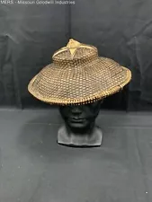 Vintage Asian Wicker Hat Coolie Bamboo Banana Leaf Rice Paddy Sun Hat