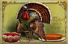 Vintage THANKSGIVING Postcard Turkey Pumpkin Pie Cranberry Sauce EMBOSSED 2490