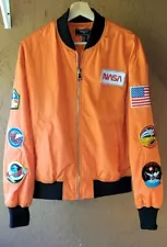 Forever 21 Jacket Mens Medium Orange Nasa Jacket Flight Bomber Patches Outdoor