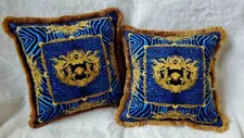 VERSACE Pair of 2 Velvet Blue Gold Authentic Pillows with Fringe