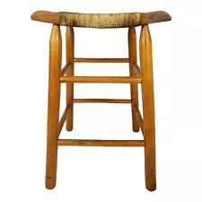 Vintage Oak Wood Bar Stool With Rush Seat Primitive & Crafts Rustic Country