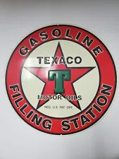 Vtg Texaco Gasoline Filling Station ROUND TIN SIGN Gas Oil Metal Garage Decor