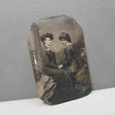 Antique Tin Type Victorian Metal Photo Two Women Smart Fashion 124+ Years Rare