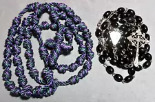 Lot of 2 Rosaries: Purple & Green Corded Handmade & Black Beaded Missing Jesus