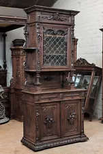 Antique French Renaissance Revival Oak Wood & Stained Glass Buffet/Sideboard