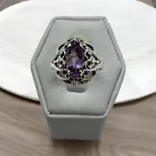 Sterling Silver Marquis Cut Amethyst Ring size 9 Antique Style Vintage Estate