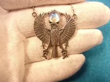 AWESOME VTG STERLING SILVER & MOONSTONE EGYPTIAN REVIVAL WINGS PENDANT/NECKLACE