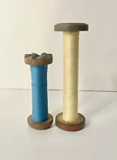 Vintage Antique Wooden Spools Bobbin Spindle Spool Pair Lot 2 Rustic Primitive