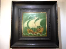 Grueby Pottery Galleon Ship Tile 6"square Matte Glaze in Original 11.75" Frame