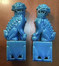 Estate Pair of Vintage Chinese Turquoise Blue Glazed Foo Dogs -Excellent