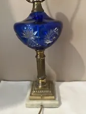 Vintage Blue Art Glass Natural Stone Base Electric Table Lamp
