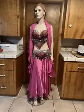 Vintage Professional Fuchsia￼ 3 Piece Beaded Belly Dancing Costume In EUC
