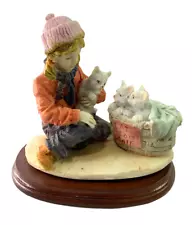 “Cat For Sale” Figurine with Wood Base Kittens Girl Home Decor