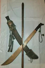 Authentic African Throwing Spear & Machete with Ornate leather Sheath