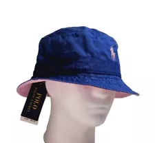 Polo Ralph Lauren Men's Blue Cotton Chino Twill Pink Pony Bucket Hat Cap Lid New