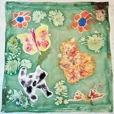 SCARF VINTAGE AUTHENTIC HAND PAINTED WATERCOLOR CAT FLOWERS SILK 34" SQUARE