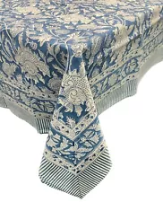 Indian Hand Block Print Tablecloth 100%Cotton 150*220cm Blue Floral with Napkins