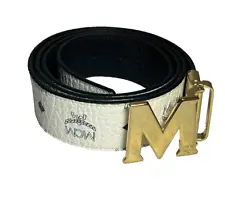 MCM Gold Buckle Claus Reversible Leather Belt One Size - White Black 42-48