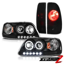 For 97-03 Ford F150 Black LED Halo Projector Headlights Rear Brake Tail Lights