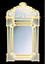 Venetian Empire Style Mirror in Murano Glass with Gold Engravings 123 cm