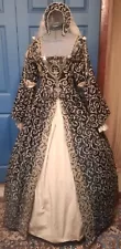 RENAISSANCE/TUDOR Black & Beige Tapestry COURT GOWN French Hood Lg Hoop JEWELS