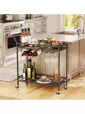 Bar Cart For The Home, 2-Tier Kitchen Cart With Wine Rack And Glass Holder