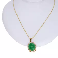 14K yellow gold jewelry 0.85CT diamond & jade pendant chain necklace