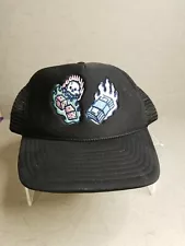 Tattoo Flash Embroidered Snapback Mesh Trucker Hat Black Dice Cash Flames