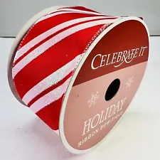 Vintage Holiday Ribbon Red / Silver Glitter Candy Striped Wired Edge 2.5” x 30ft